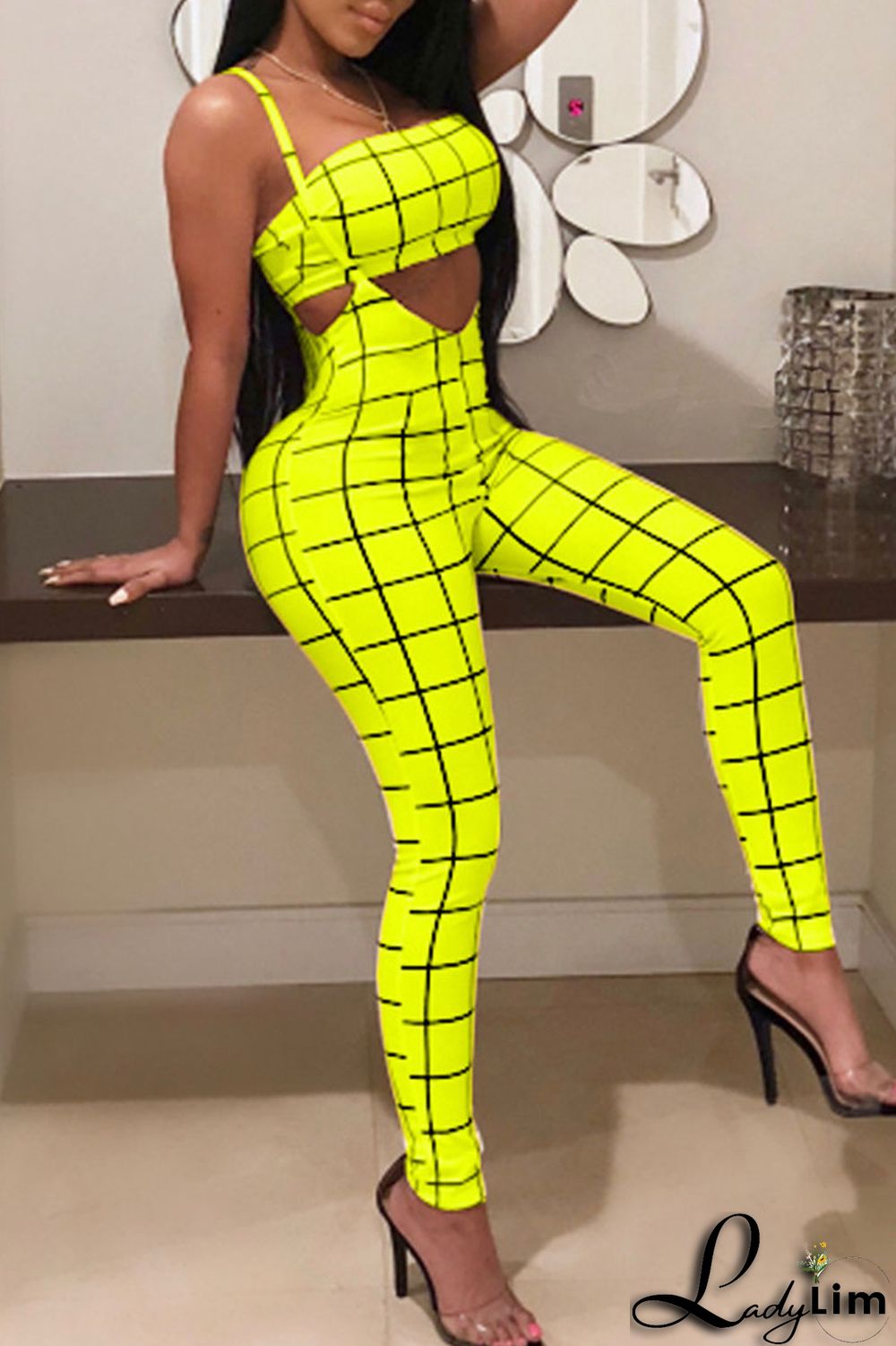 Deep Blue Sexy Plaid Print Split Joint Spaghetti Strap Sleeveless Two Pieces