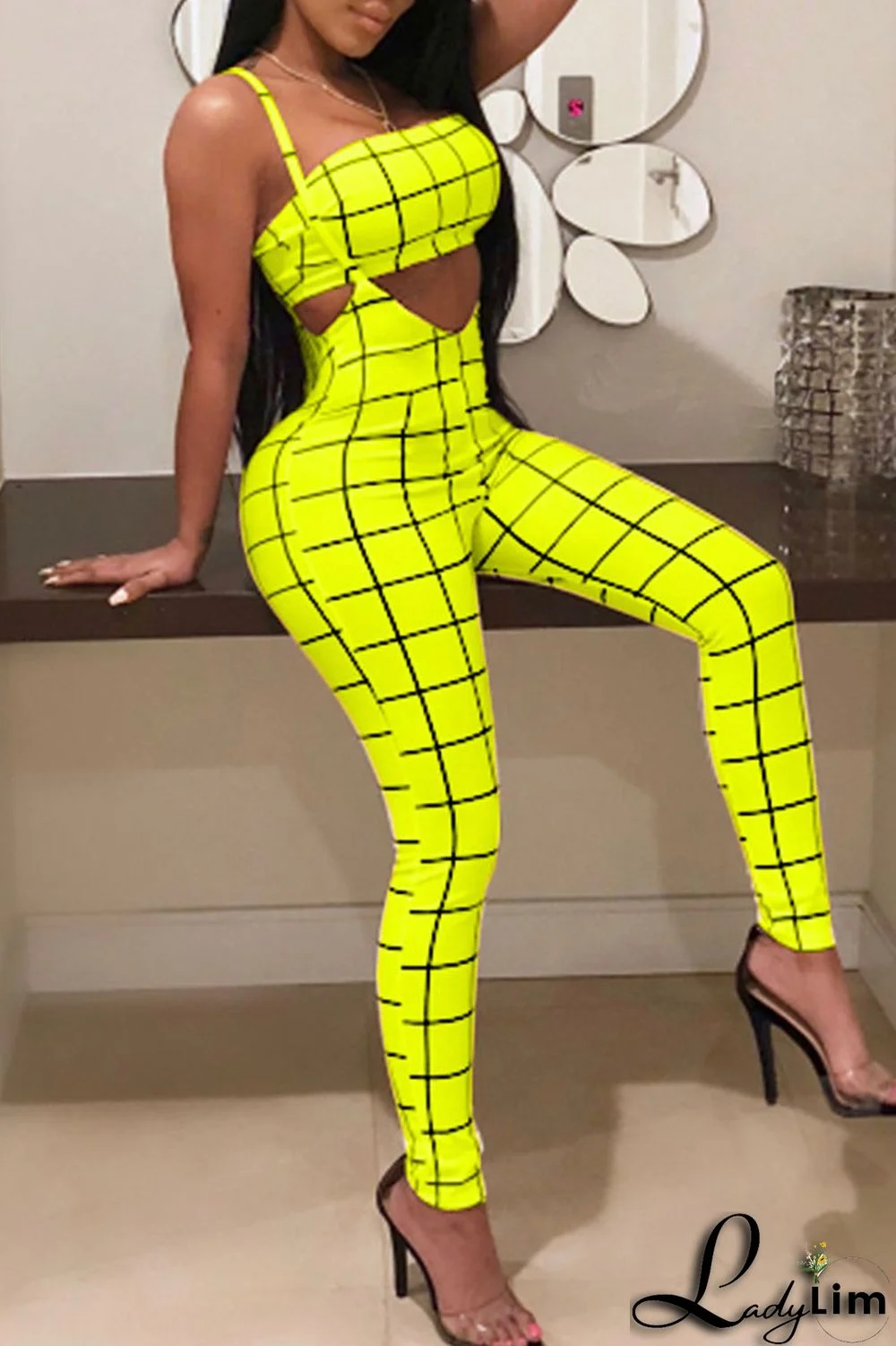 Deep Blue Sexy Plaid Print Split Joint Spaghetti Strap Sleeveless Two Pieces