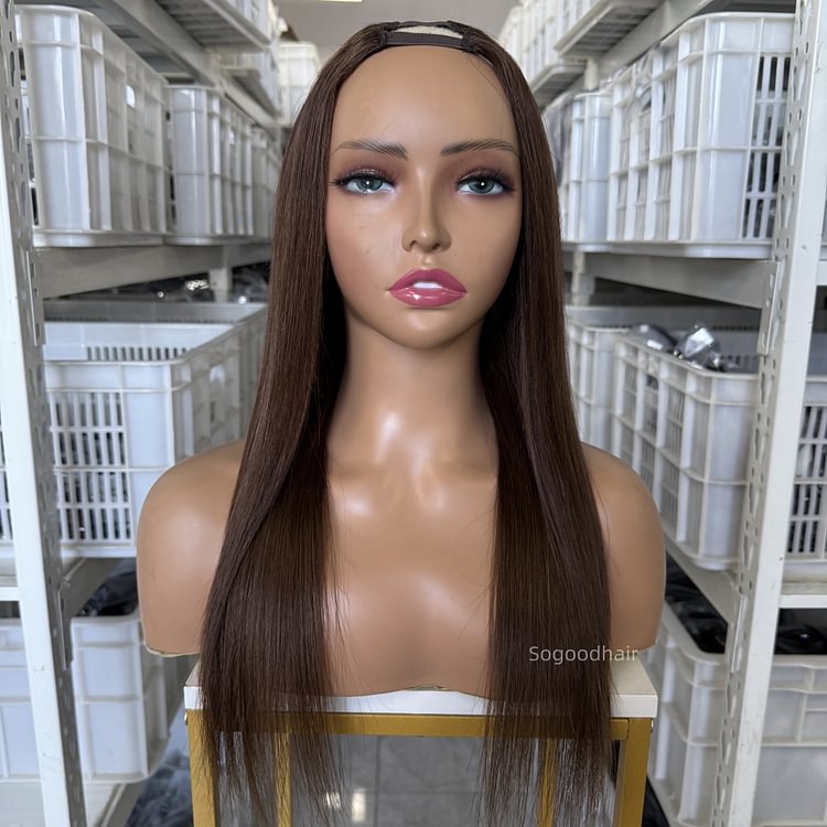 14" Brown Straight V Part Wig