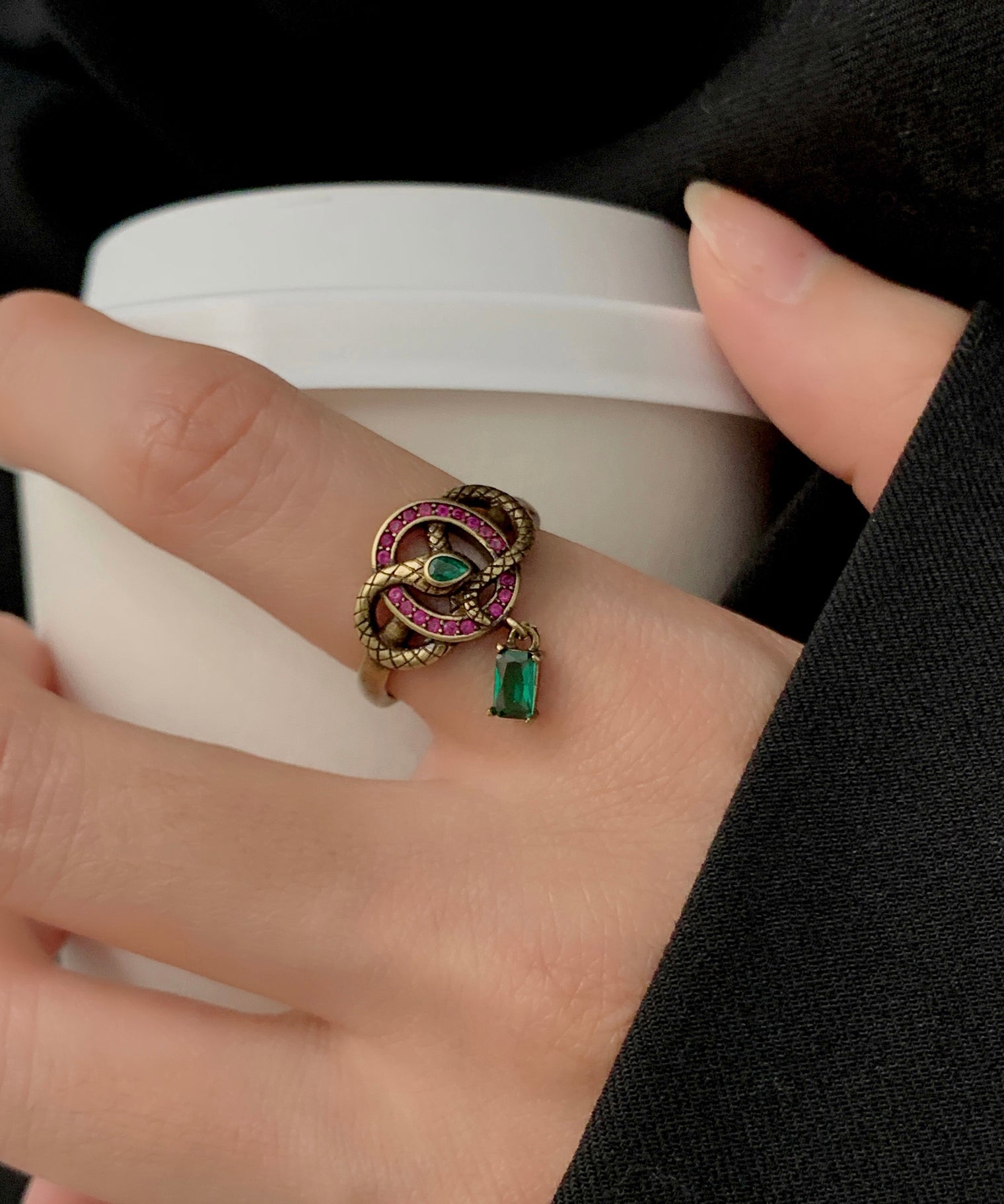 Vintage Colorblock Ancient Gold Zircon Small Snake Open Rings
