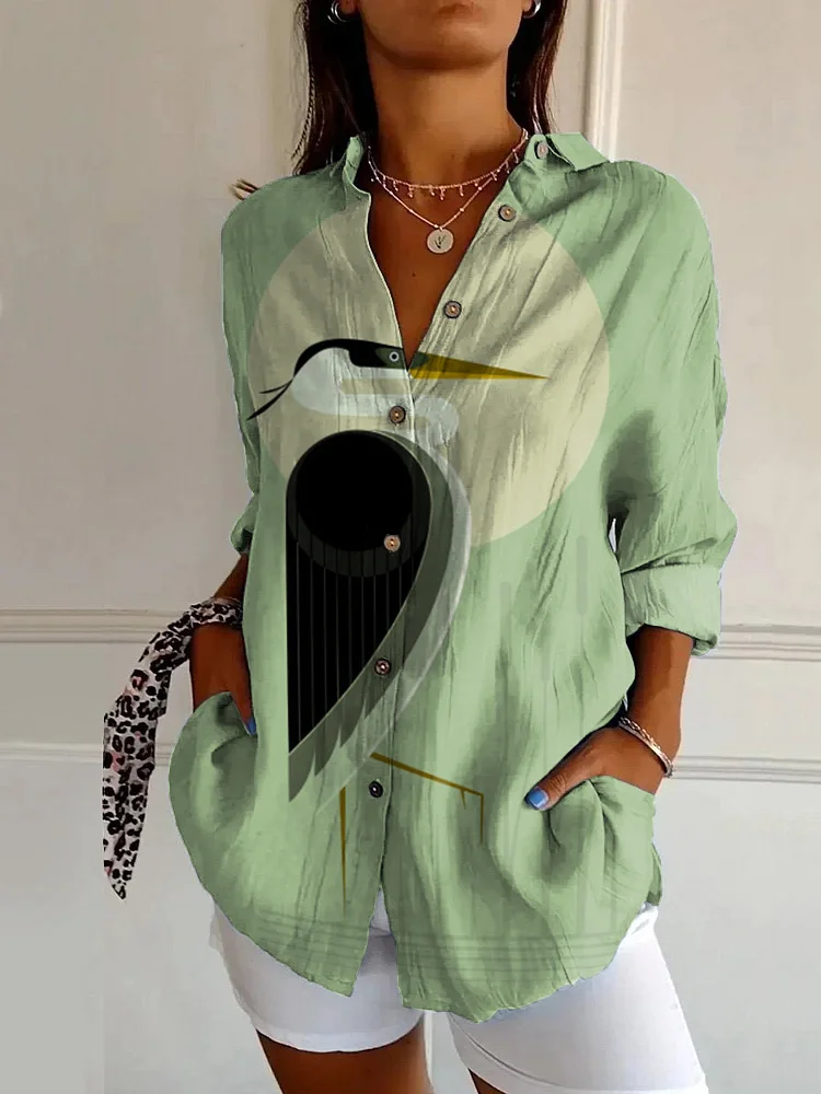 Vintage Bird Art Print Casual Long Sleeve Shirt