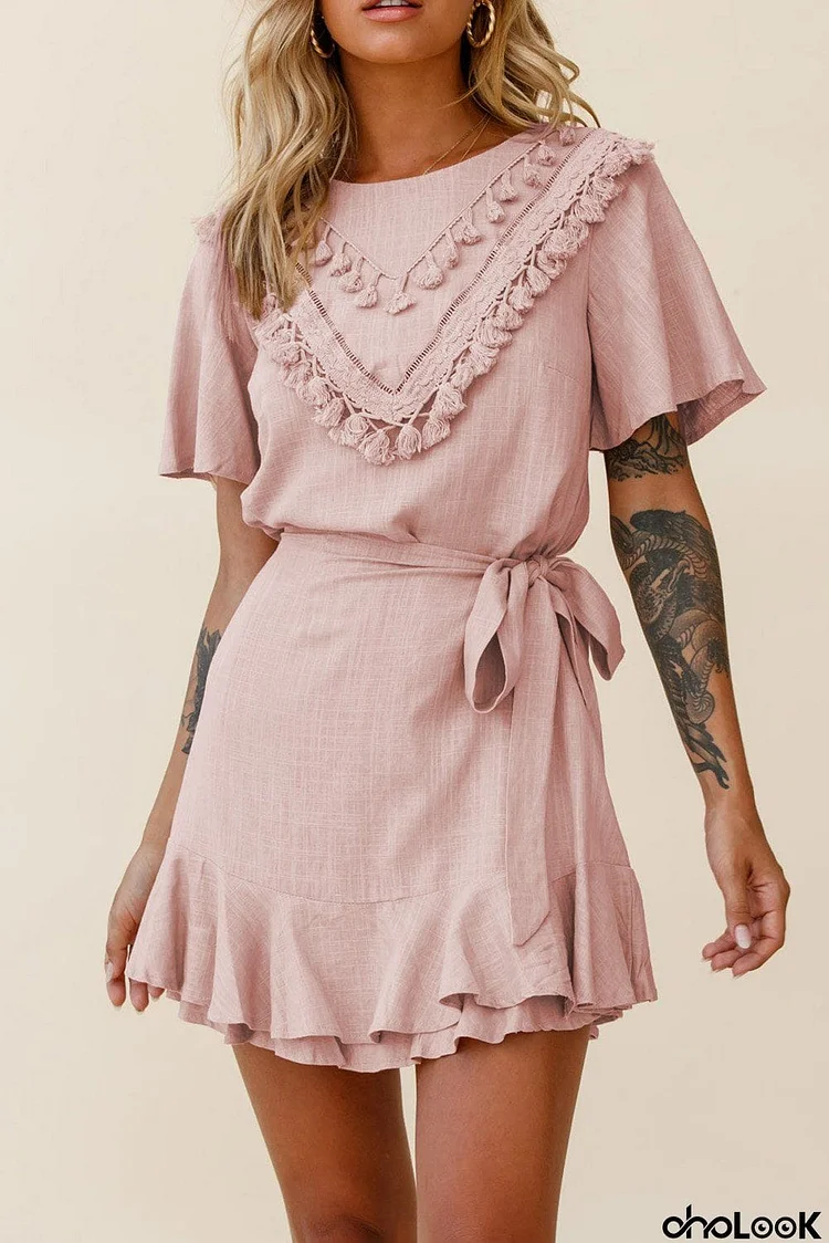 Chic Pink Tassel Bust Wrap Bottom Short Dress