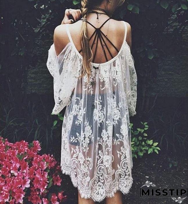 Vintage Hippie Boho Floral Lace Crochet Cover-Up