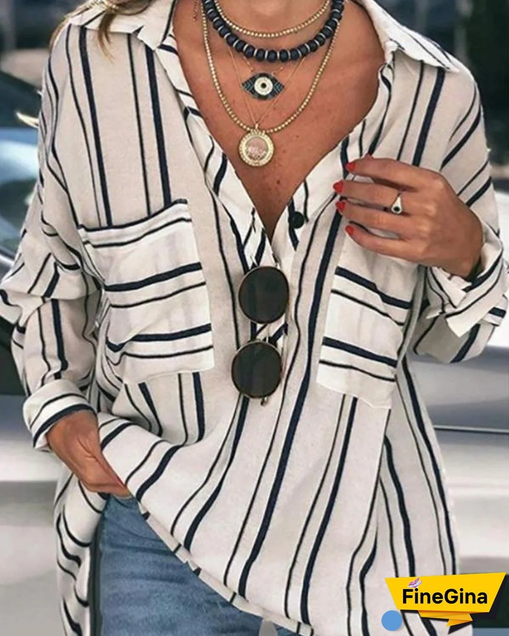Striped Buttoned Down Plus Size Blouses Shirts