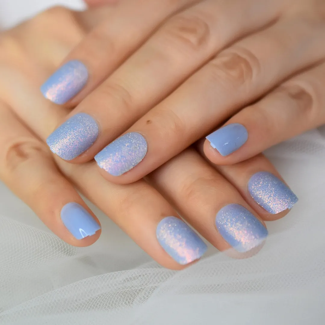 24pcs Short Fake Nails Press On Reusable Blue Glitter False Nails Tips Faux Ongles Round Holographic Acrylic Nail Manicure Set-Nail Inspo