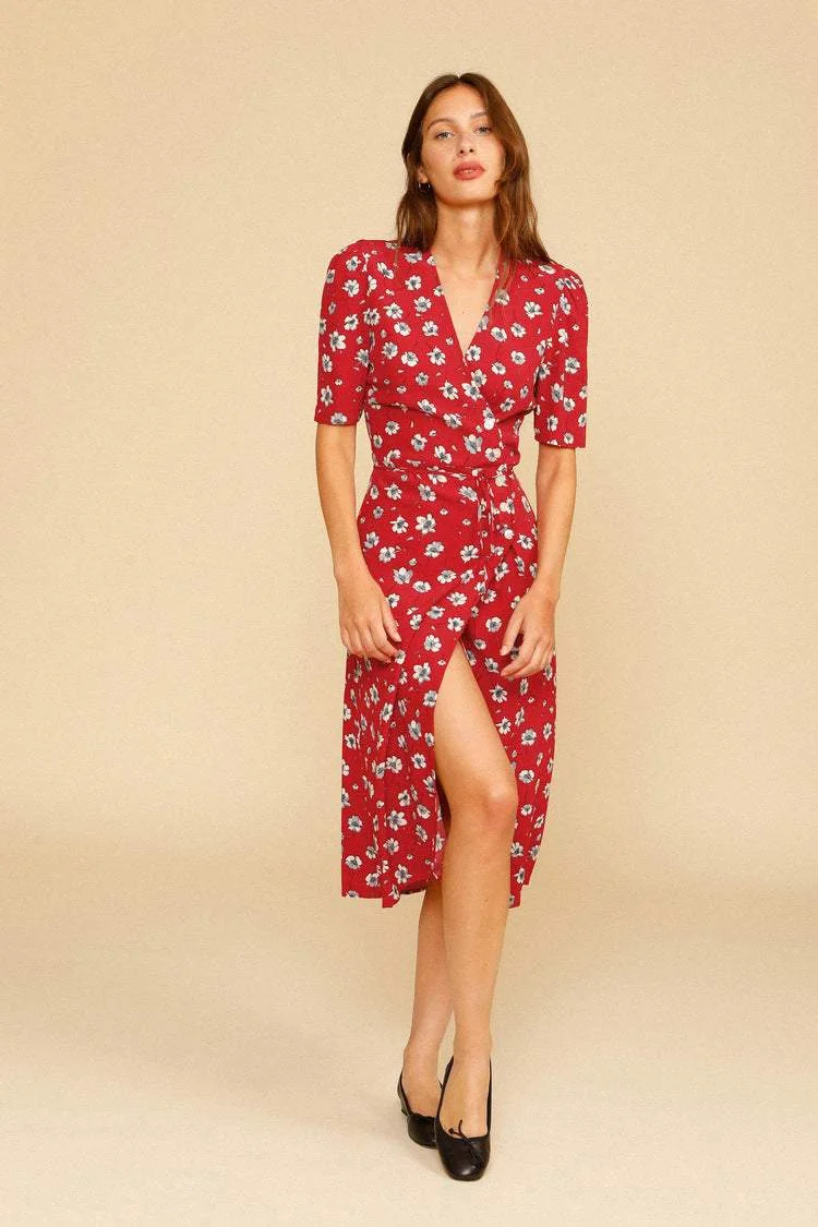 Silk Short Sleeve V-Neck Print Midi Dress