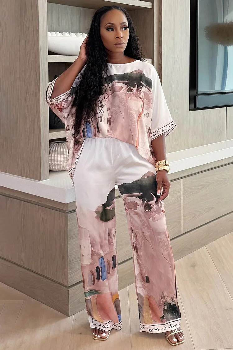 Watercolor Print Loose-Fit Top Wide Leg Pants 2pcs Set-Pink [Pre Order]