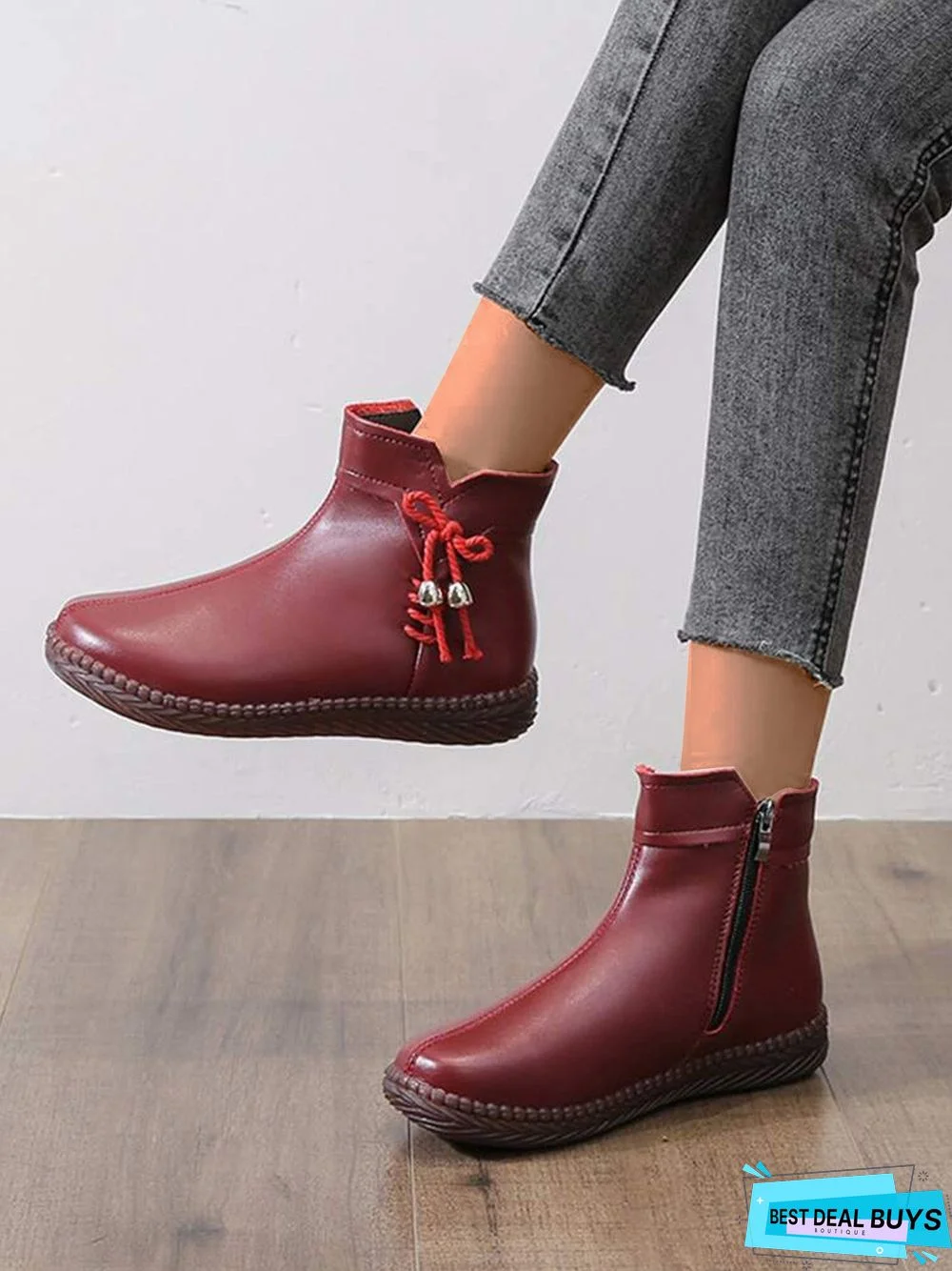 Women's Bow Faux Fur Lined Plain Boots with Zipper