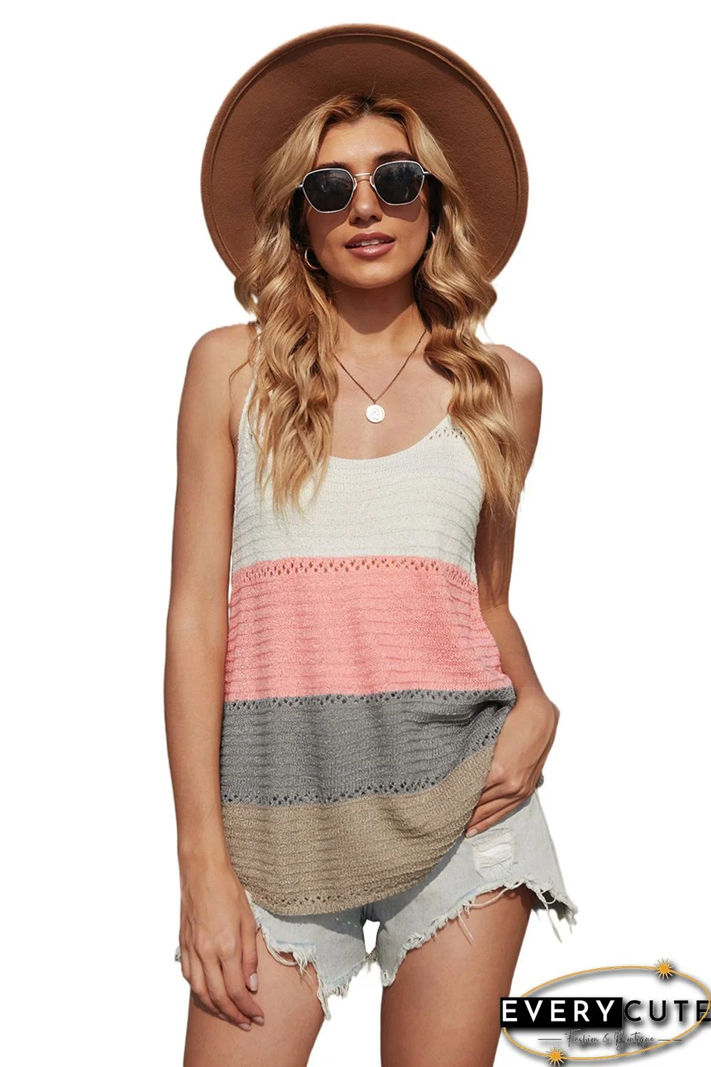 Multicolor Adjustable Spaghetti Straps Colorblock Knit Tank Top