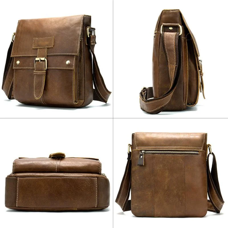 Men's Genuine Leather Solid Color Casual Shoulder Bag Retro Crossbody Bag