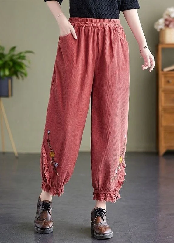 Diy Pink Elastic Waist Embroideried Warm Fleece Corduroy Harem Pants Spring