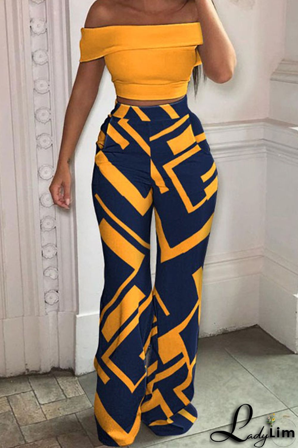 Light Blue Fashion Casual Print Patchwork Backless Off the Shoulder Short Sleeve Two Pieces