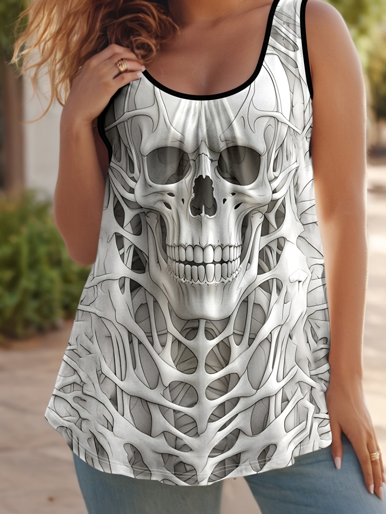 Plus Size - Women's Plus Size Stretchy Tank Top With Skull & Floral Print - Casual Sleeveless Summer Top, Breathable Polyester Blend, Machine Washable, Outdoor Beachwear, Beach Tank To | IFYHOME