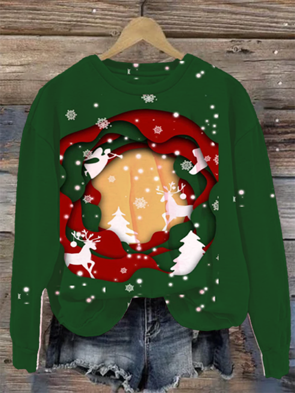 Women's Snowy Christmas Tree ELK Art Graphic Print Sweatshirt