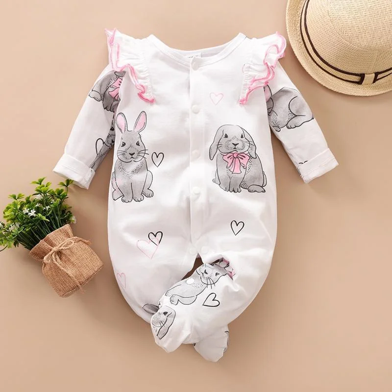 Baby Girl Rabbit Print Long-sleeve Jumpsuit