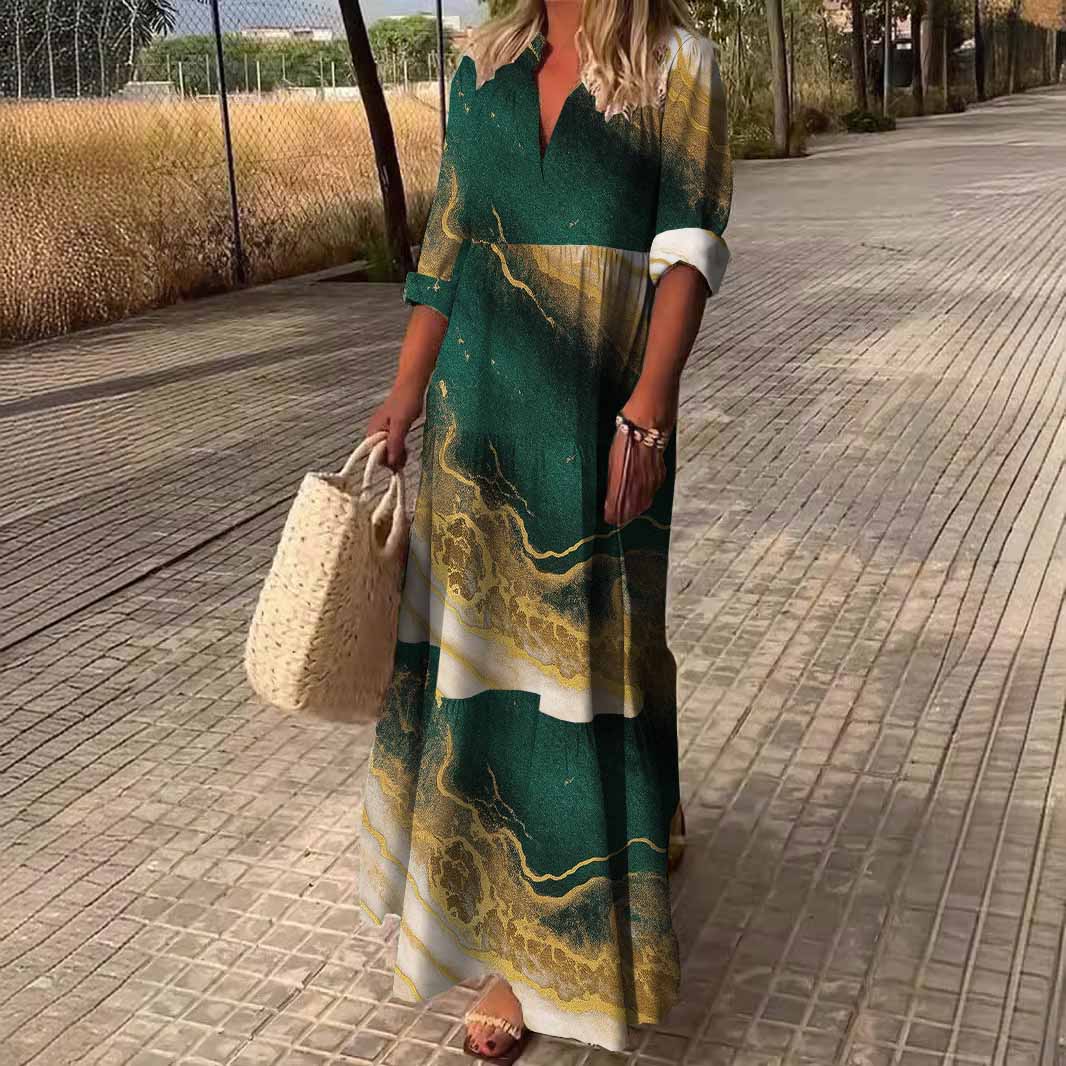 Women Textured, Green, Gold DZDN1056 SPU Printed Long Sleeve V-neck Maxi Dress