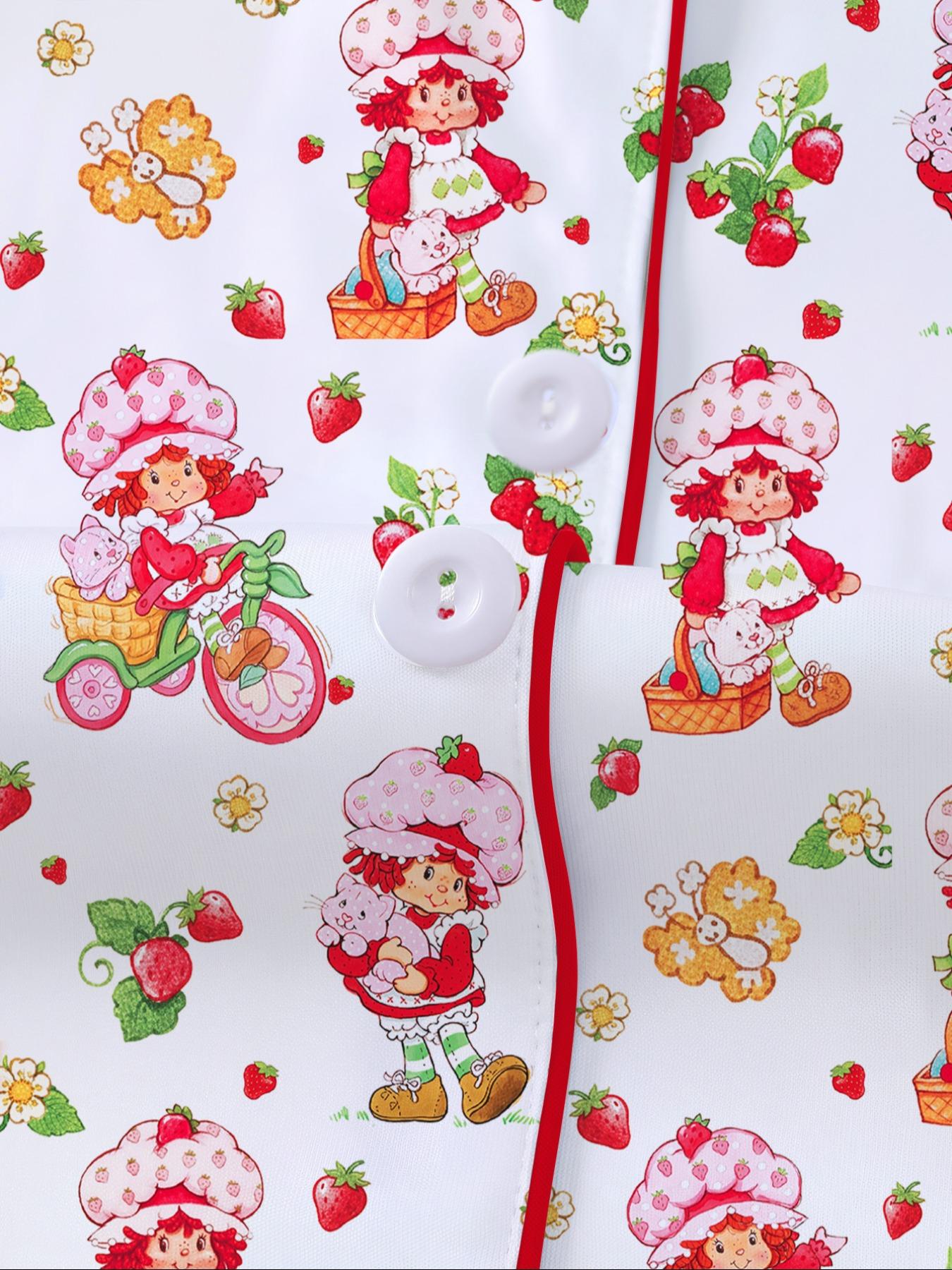 Women's Strawberry Cartoon Print Sleepwear Loungewear Set, Short Sleeve Button-Up Top & Elastic Shorts, Casual Home Wear for Daily Use