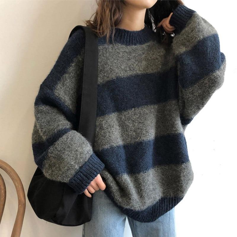 Autumn Striped Knitted Sweaters Women Vintage Loose Pullover Winter Casual Jumper Ladies Oversized Sweater Sueter Mujer 2021 1109-1