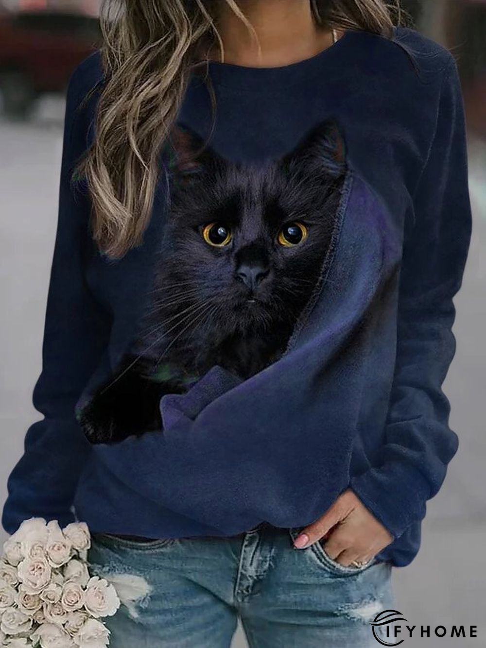 Cat Crew Neck Raglan Sleeve Casual Sweatshirt | IFYHOME