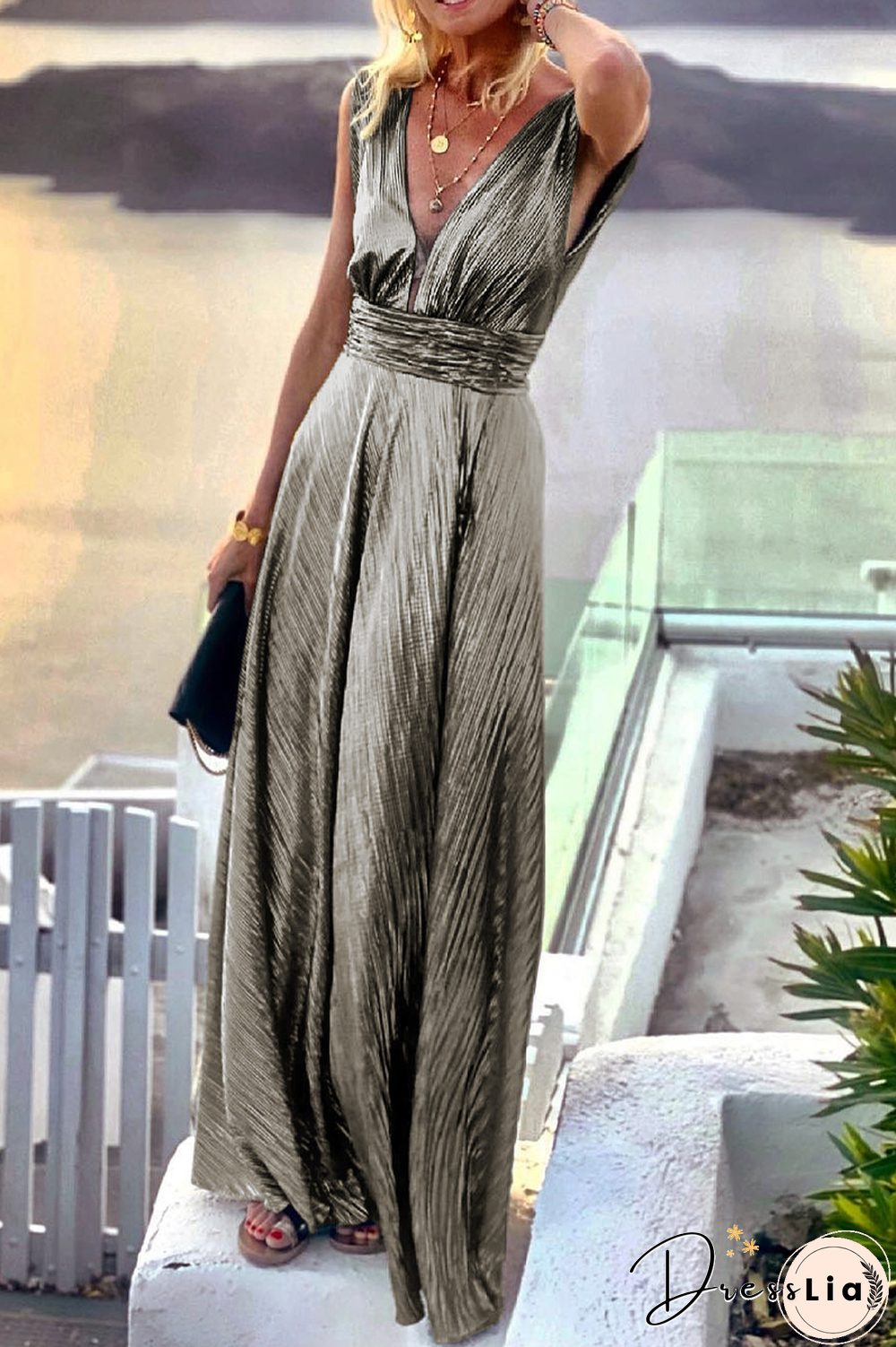 Fashion Solid Patchwork V Neck Waist Skirt Dresses