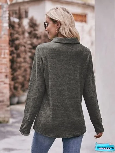 Decorative Button Johnny Collar Long Sleeve Blouse