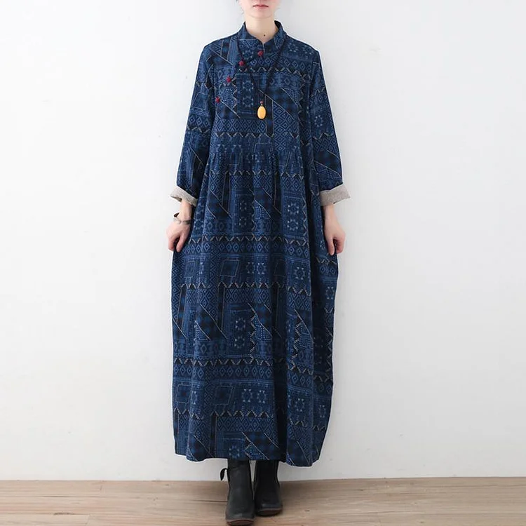 Blue Loose Vintage Button  Linen Print Dress