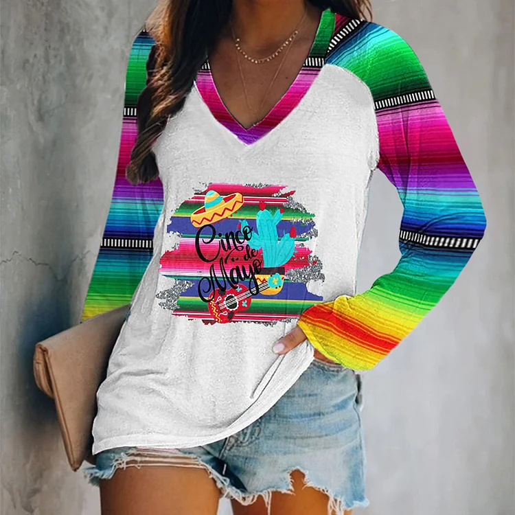 Comstylish Cinco De Mayo Women's Top Casual V Neck Long Sleeve T-Shirt