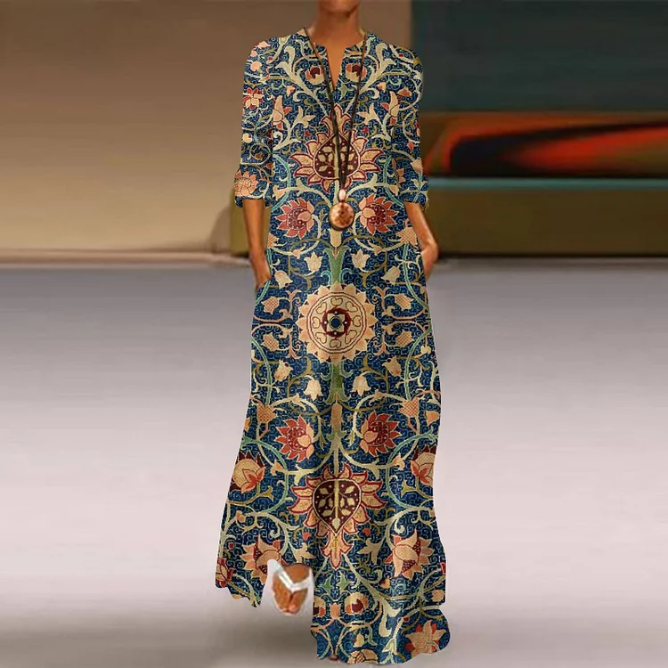Vintage Ethnic William Morris Holland Park Carpet Geometric Pattern Printed Flowy Maxi Dress