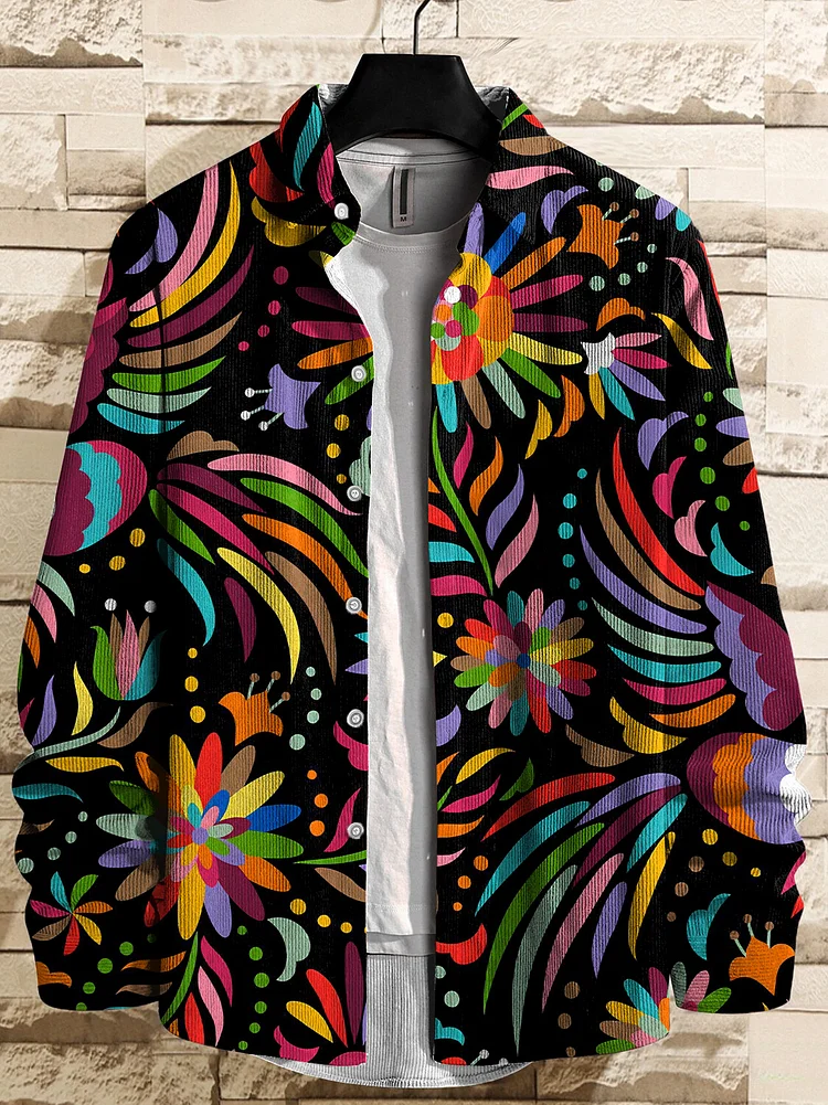 Men's Colorful Floral Art Print Corduroy Long Sleeve Shirt