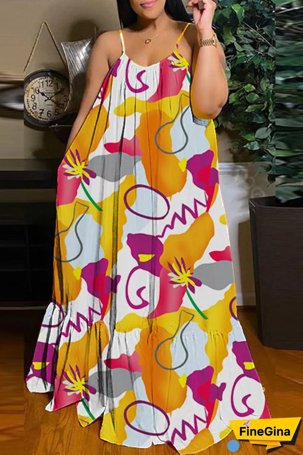 Purple Sexy Casual Print Backless Spaghetti Strap Long Dress Dresses