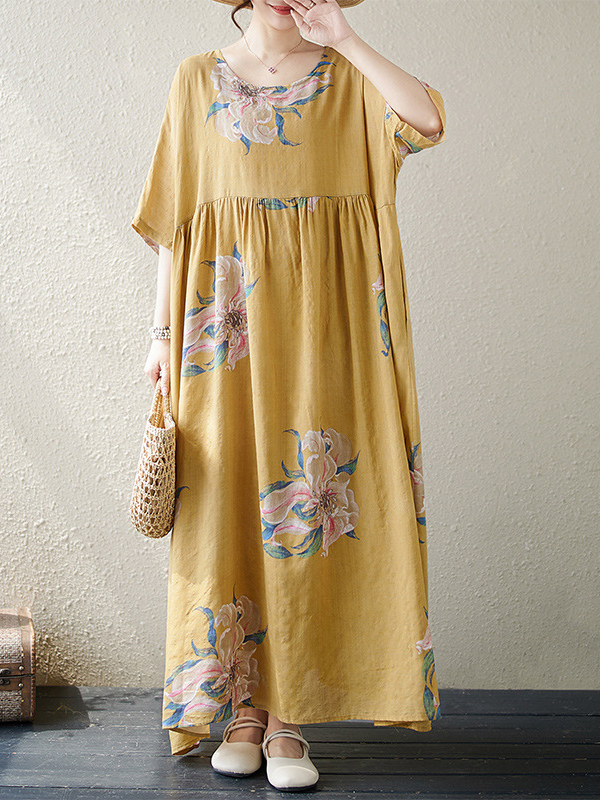 Oversize Short Sleeve Round Neck Flower Printed Maxi Dress
