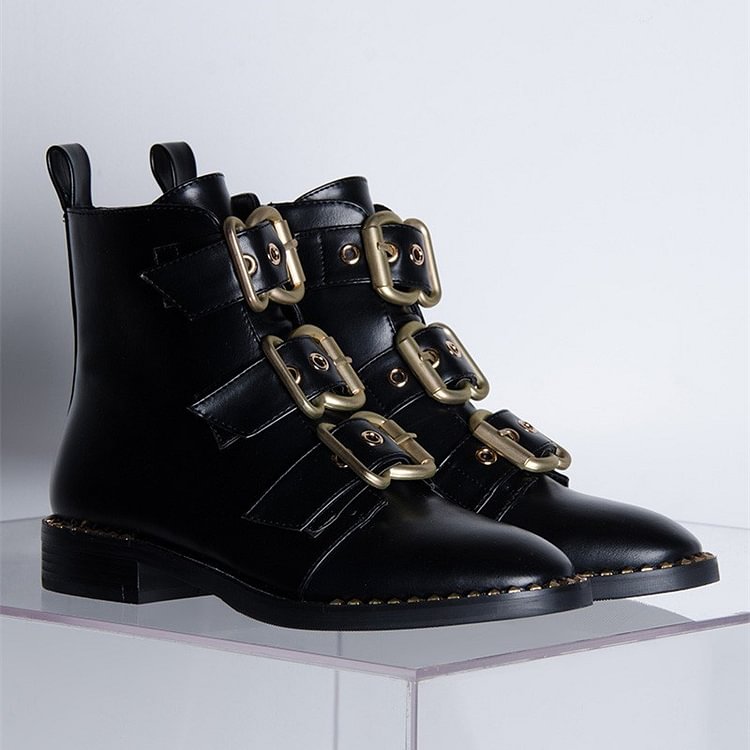 Black Buckles Studdedd Boots Fashion Round Toe Flat Ankle Booties |FSJ Shoes