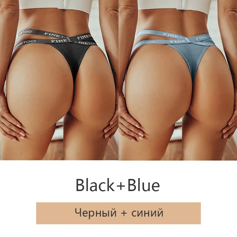 FINETOO 2Pcs/set Sexy Thongs Women Cotton G-string Panties Letter Bikini Underwear Girls Cross Belt Low-rise Underpants Lingerie