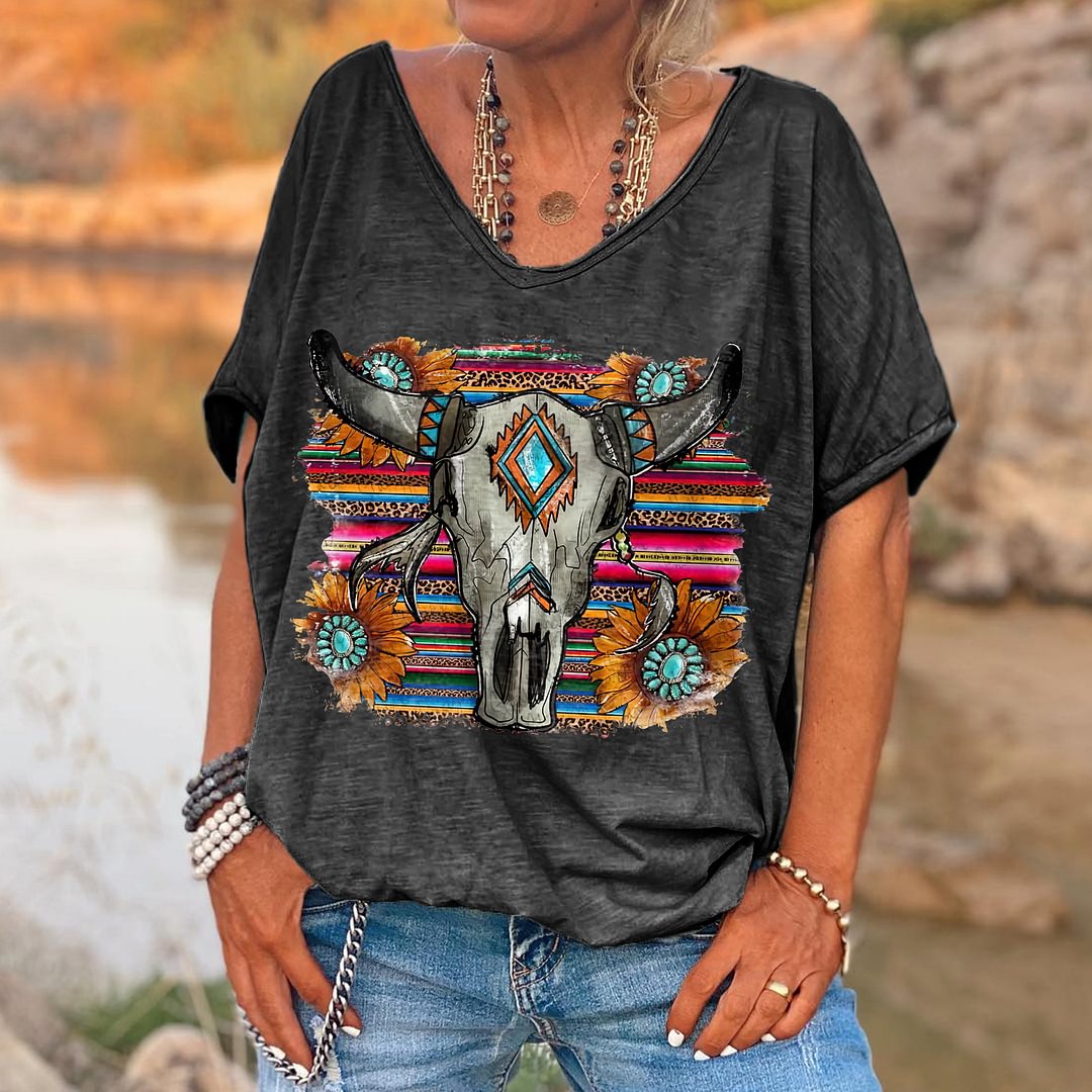 Cow skull graphic women casual loose tees designer