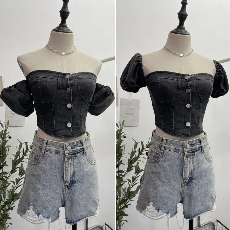 Uveng Real Shot Shoulder Bubble Short Sleeves Denim Shirt Design Hot Girl Collar Small Short Top 2530