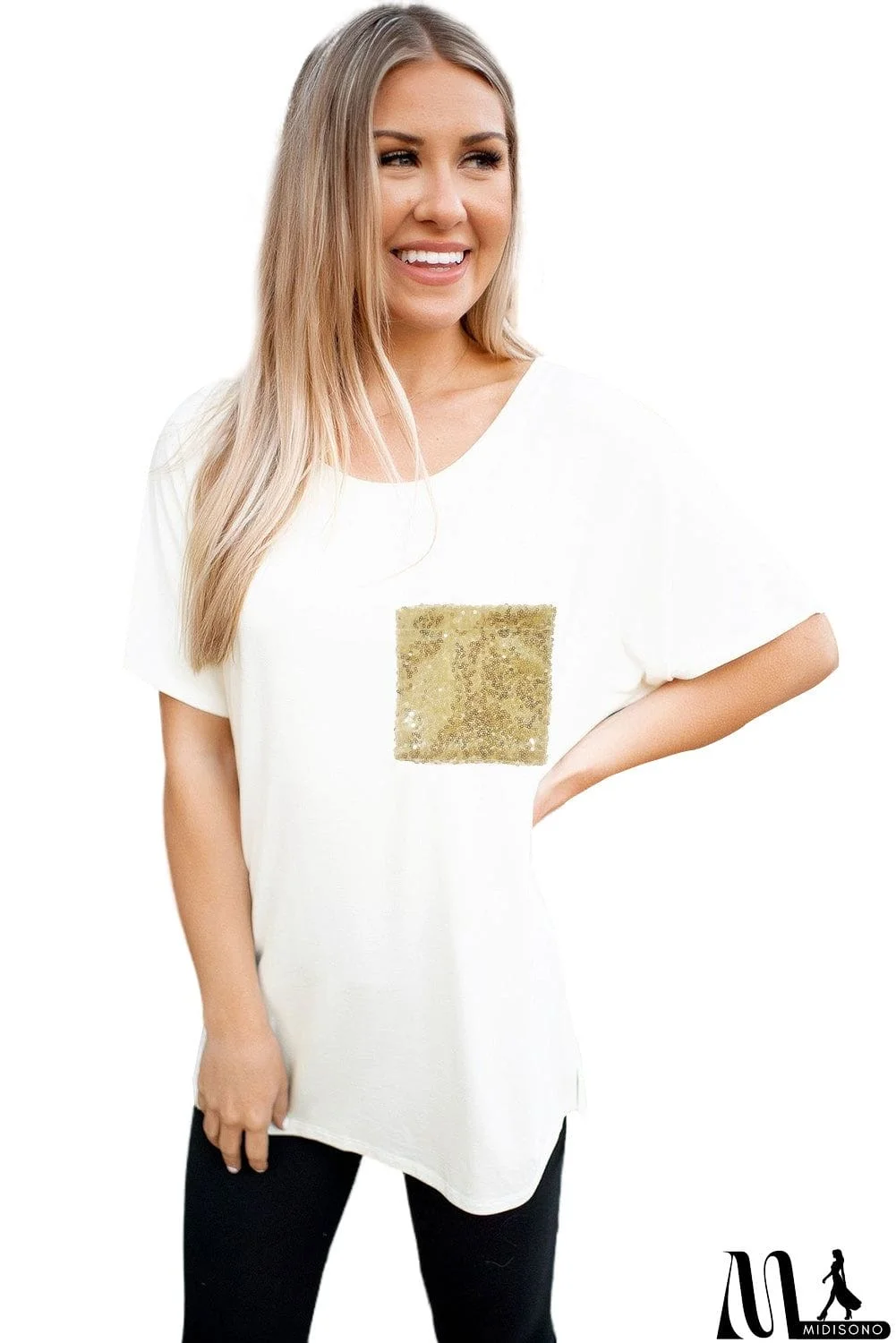 MidiSono - Sequin Pocket White Short Sleeve T-shirt