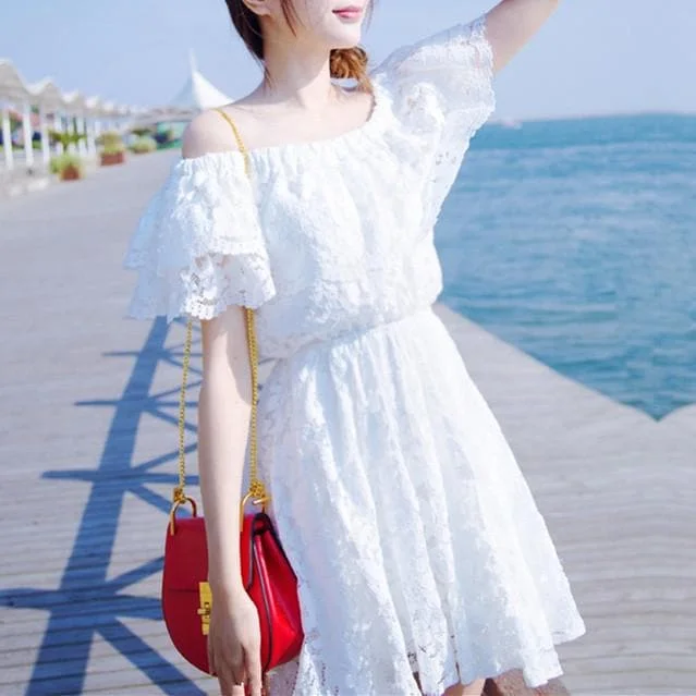 S-XL White Off-The-Shoulder Lace Dress SP166389