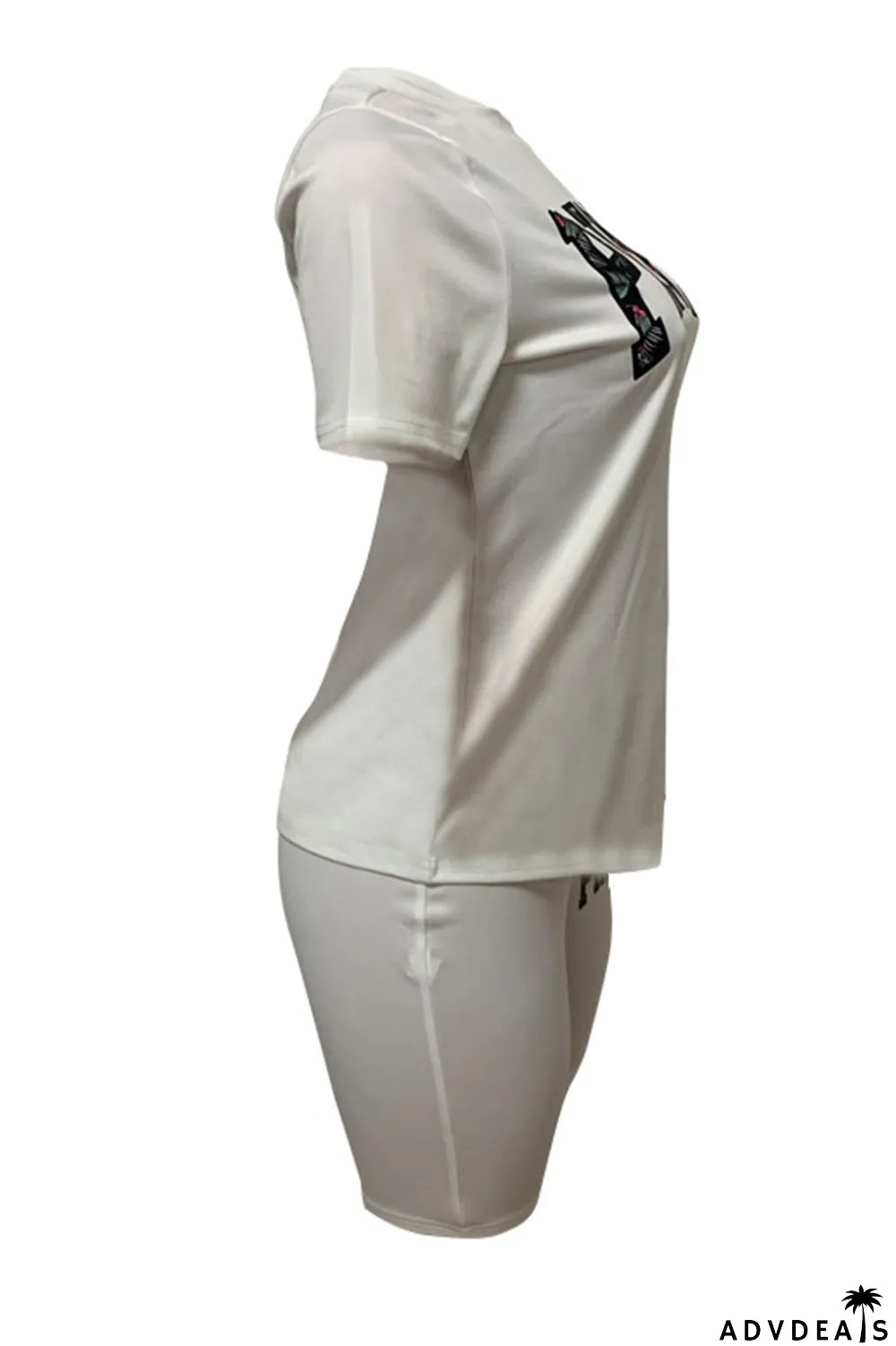 White Casual Print Patchwork O Neck Short Sleeve Two Pieces