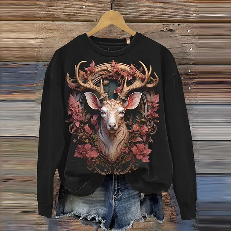 Wearshes Vintage Outdoor Deer Hunting Print Round Neck Sweatshirt