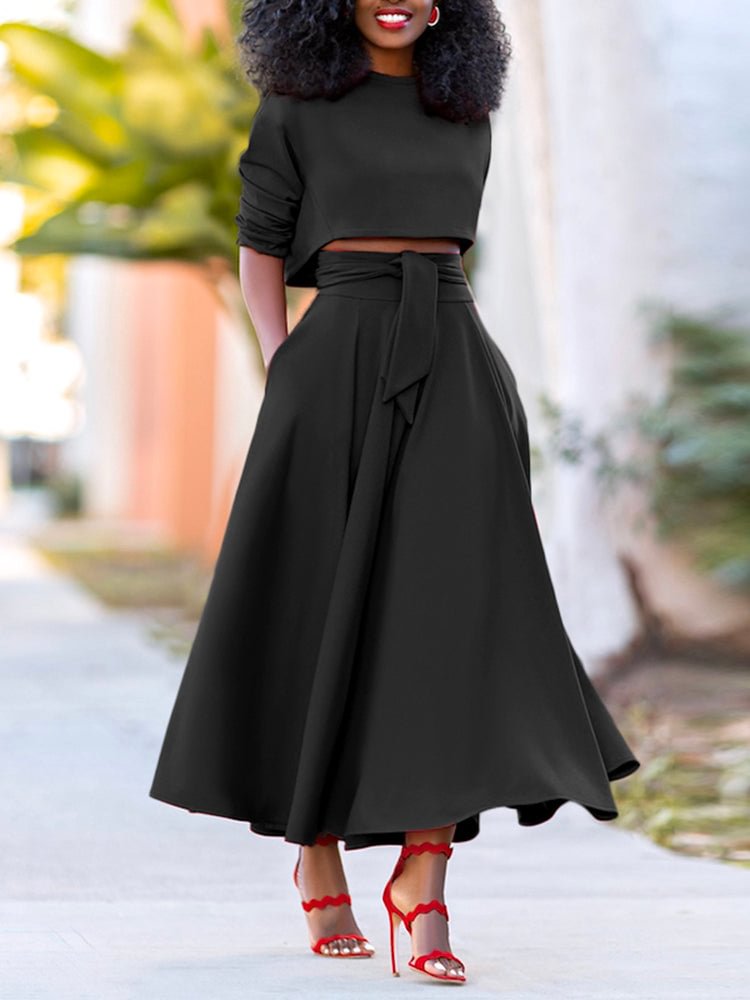 Solid Knotted Round Neck Long Sleeve Two Pieces Set SKUI70779 QueenFunky