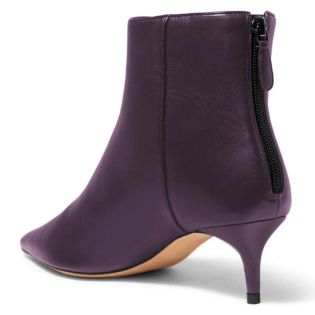 Purple Kitten Heel Pointed Toe Back Zipper Short Boots for Women