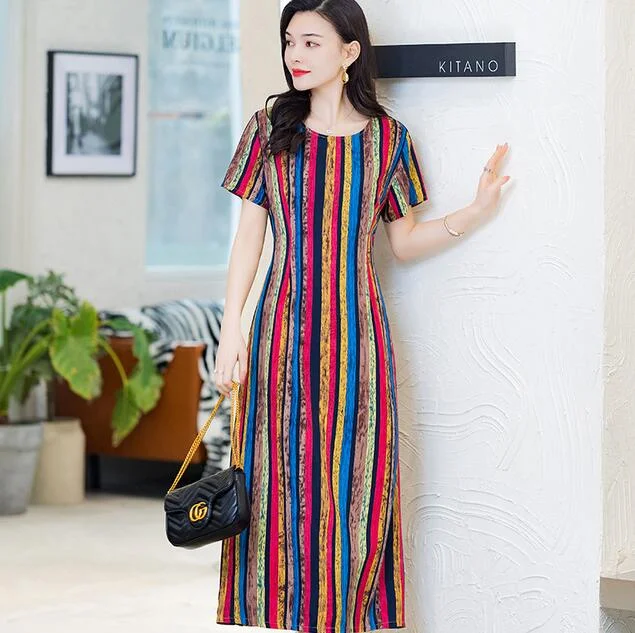 Women Summer Dress Plus Size 5XL Loose Middle-aged Mother Casual Short Sleeve Long Dress O-Neck Floral Print Cotton Dresses