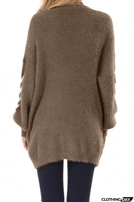 Brown Soft Long Sleeve Cardigan with Stitch Detail