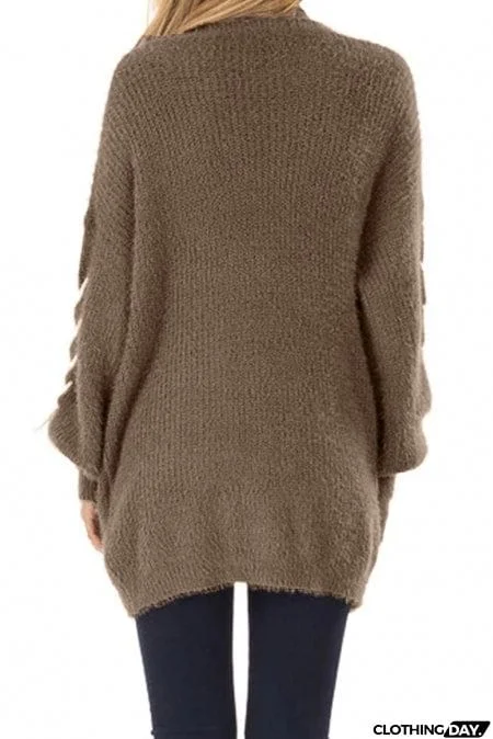 Brown Soft Long Sleeve Cardigan with Stitch Detail