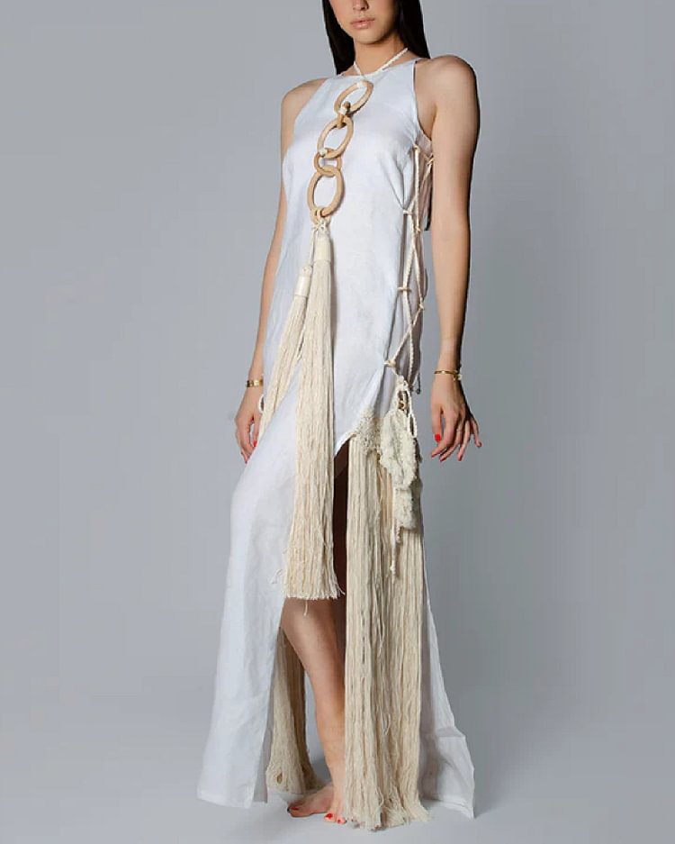 Casual Side Tie Tassel Slit Slip Dress