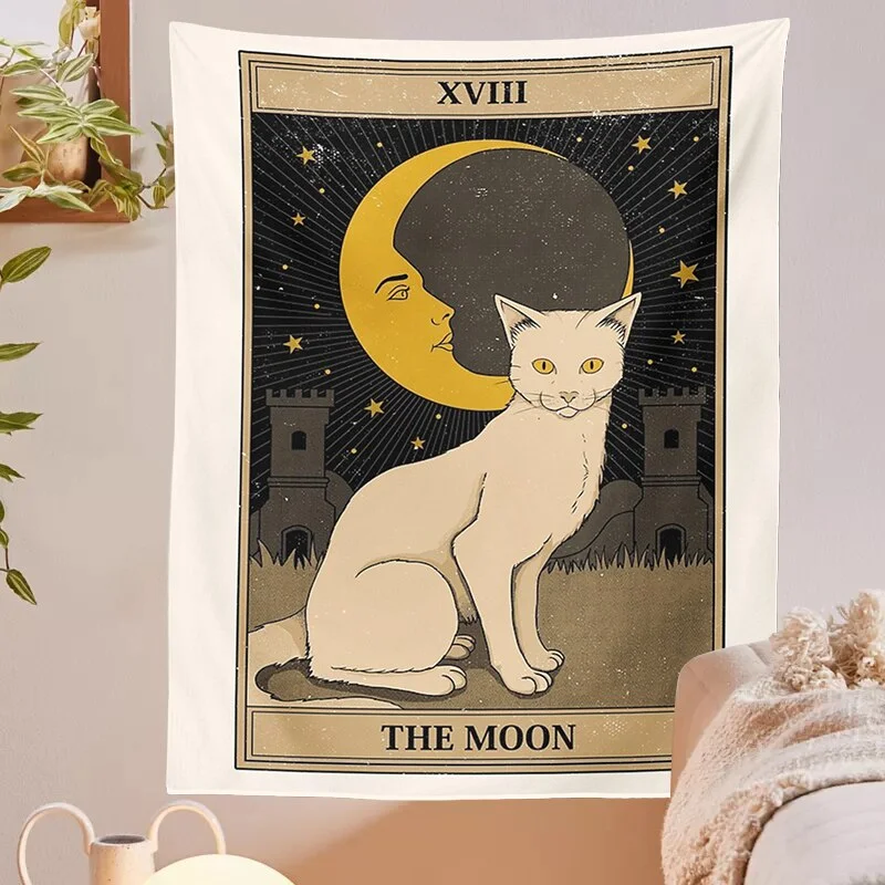 Tarot Card Tapestry Boho Tapestry Wall Hanging Cat Mysterious Divination Witchcraft Beach Moon phase Mat Decor Cat Coven