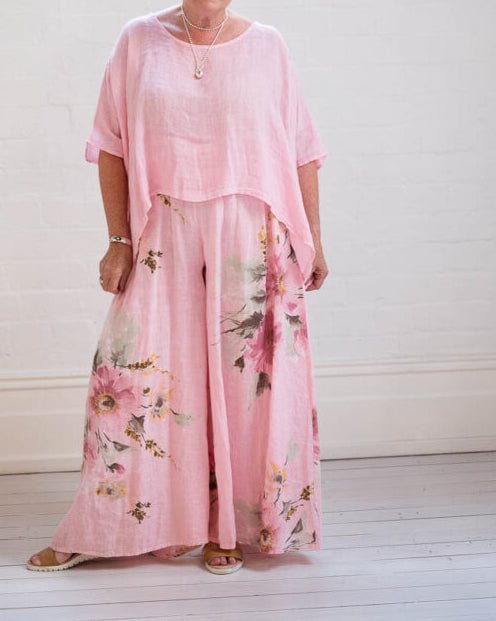 Plus Size Casual Floral Printed Linen Women's Suit