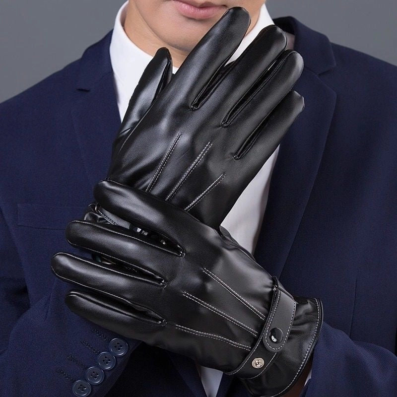 Winter Men’s Three-line Warm Gloves Cycling Fleece-lined Touch Screen Gloves Motorcycle Thickened Winter Leather Gloves Windproof