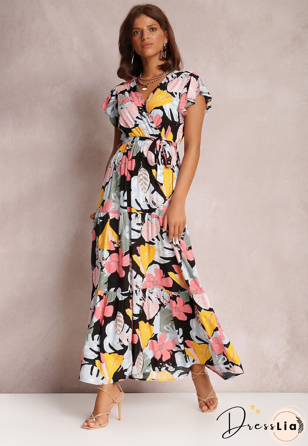 Elegant Floral Print Dress For Women Summer Dresses New Cotton V-Neck Lace-up Ruffle Short Flying Sleeve Maxi Dress