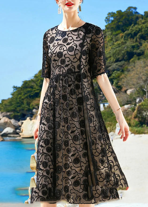 Organic Black O-Neck Embroideried Side Open Silk Dinner Dress Short Sleeve